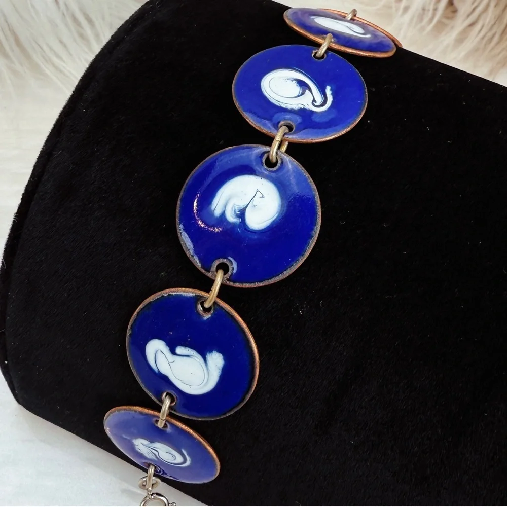 Vintage Cobalt Blue Abstract Disc Bracelet White Motif Articulated Statement
